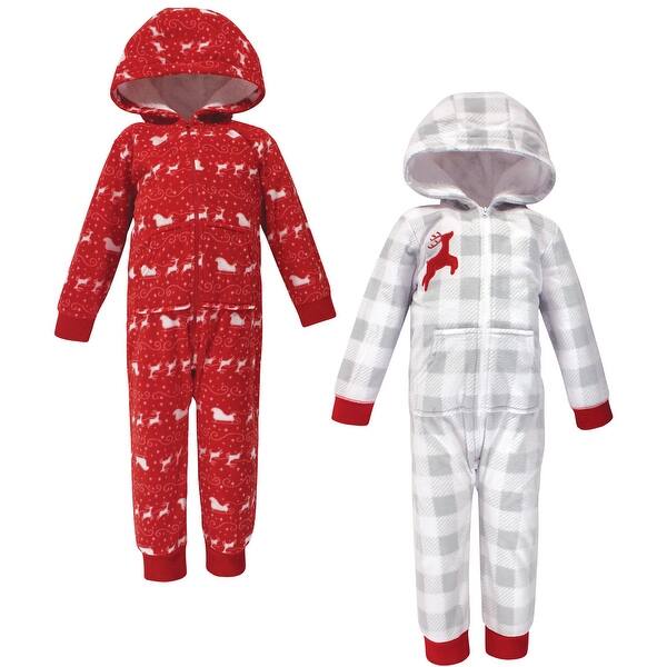 slide 1 of 1, Hudson Baby Toddler Fleece Jumpsuits, Coveralls, and Playsuits 2pk, Santas Sleigh 2T - Grey/Red