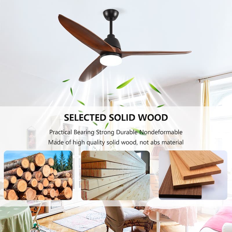 Hot sales 52 Inch Black Ceiling Fan With 3 Color Dimmable 5 Solide Wood Blades Remote Control Reversible DC Motor With Led Light