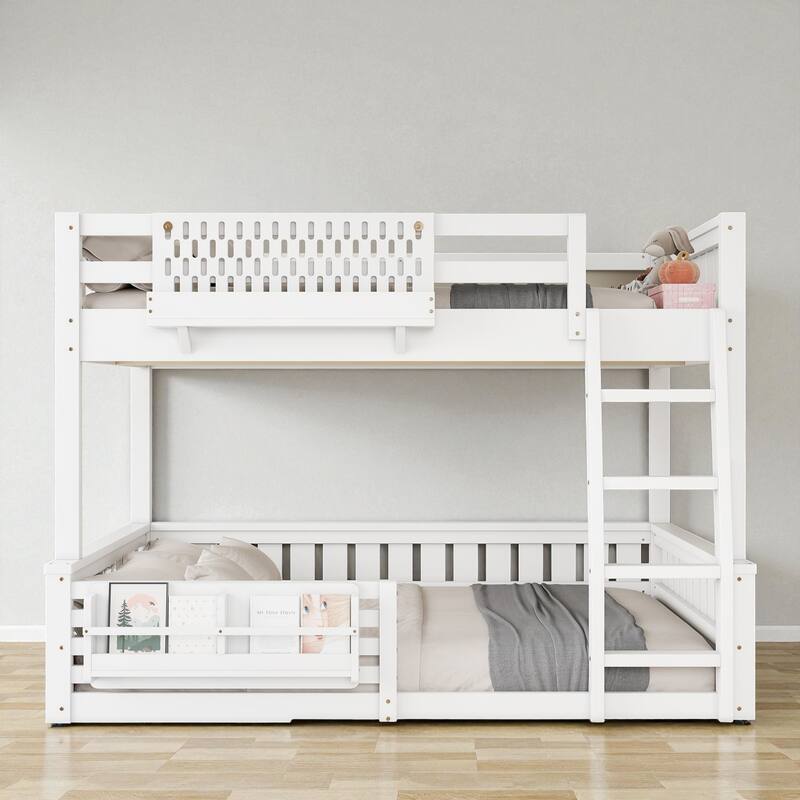 Full XL over Queen / Full over Queen Bunk Bed with Ladder, Guardrails, Pegboard & Built-In Bookshelf, Solid Wood Frame - White - Queen