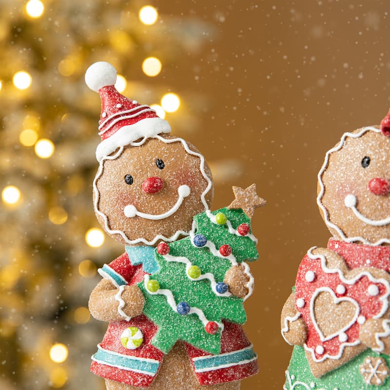 Glitzhome Resin Christmas Gingerbread Figurines Xmas Table Decor for Party Mantel Shelf Sitter
