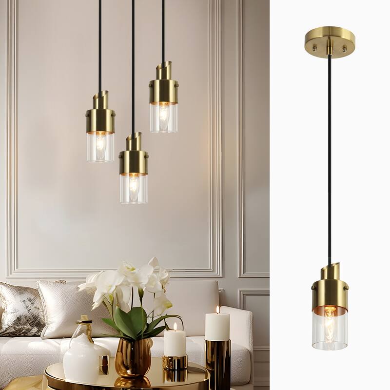 Mid-Century Modern 1-Light Gold Hanging Pendant Lights Cylinder Glass Kitchen Island Lights - 3"L
