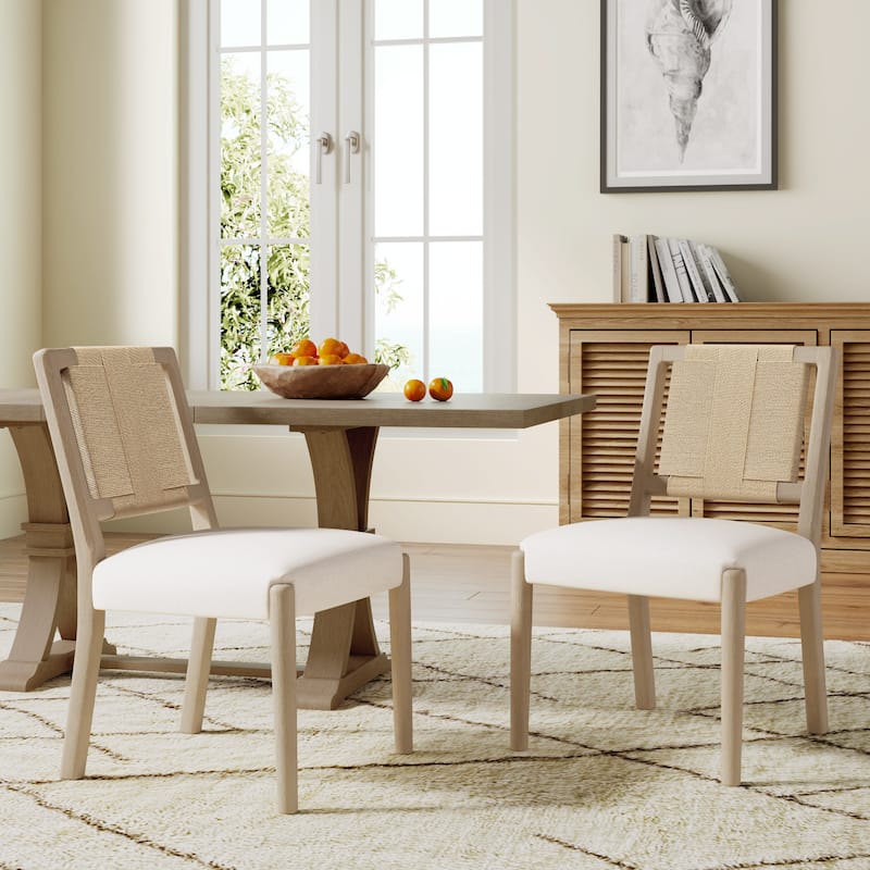 Christopher Knight Home - Modern Upholstered Dining Chairs with Woven Rope Backrest and Rubber Wood Frame (Set of 2) - Beige,Natural Ash