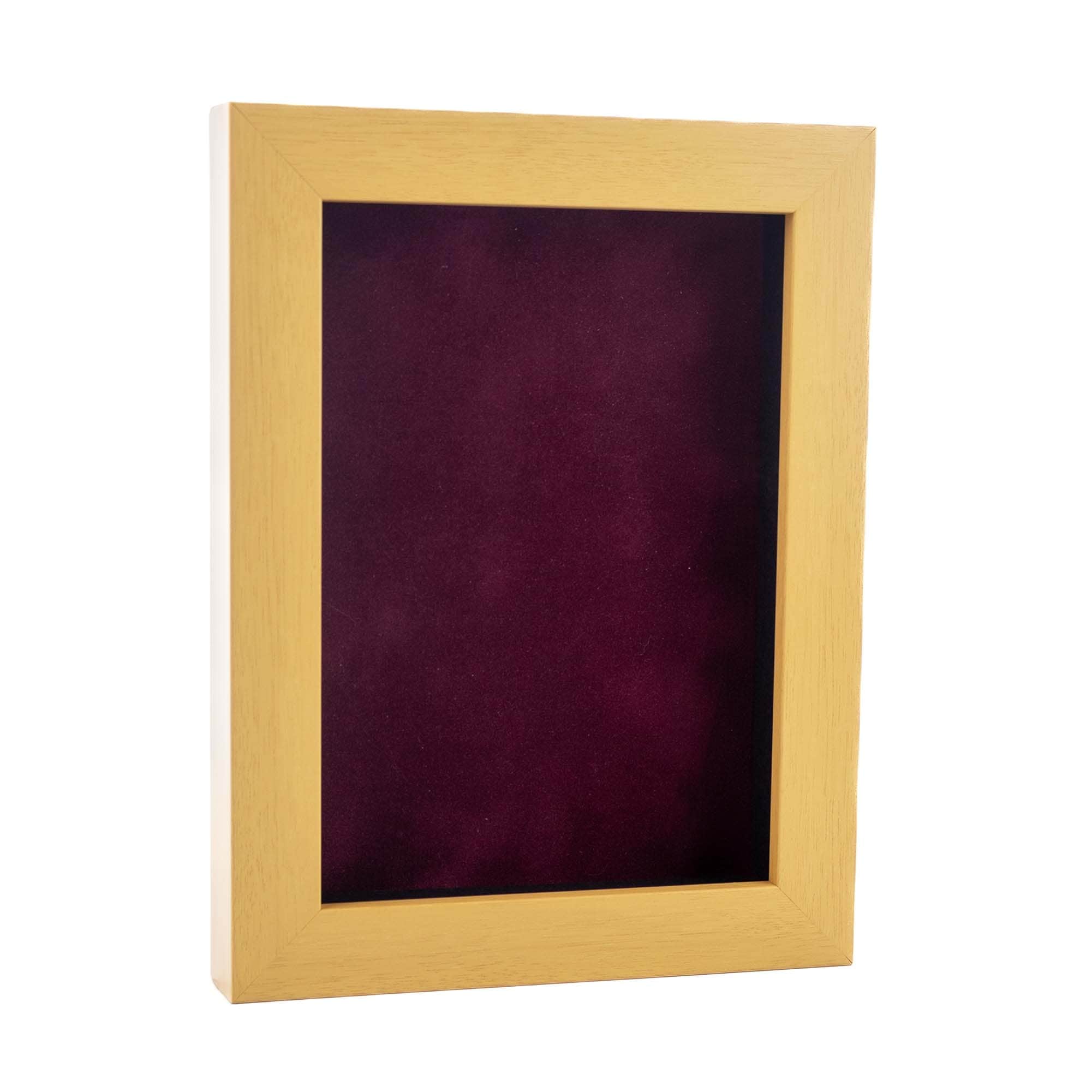 Classic Natural Wood Shadow Box Frame with Acrylic Front - Dark Red Suede Backing, 30 Sizes
