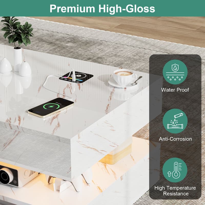 Smart LED Coffee Table 47.2" with Bluetooth Speaker & Wireless Charging, Modern White Marble Center Table