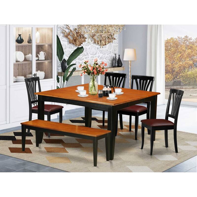 HomeStock 6-Piece Square Black & Cherry Finish Solid Wood Top dining Table with 1-Bench and 4-Chairs