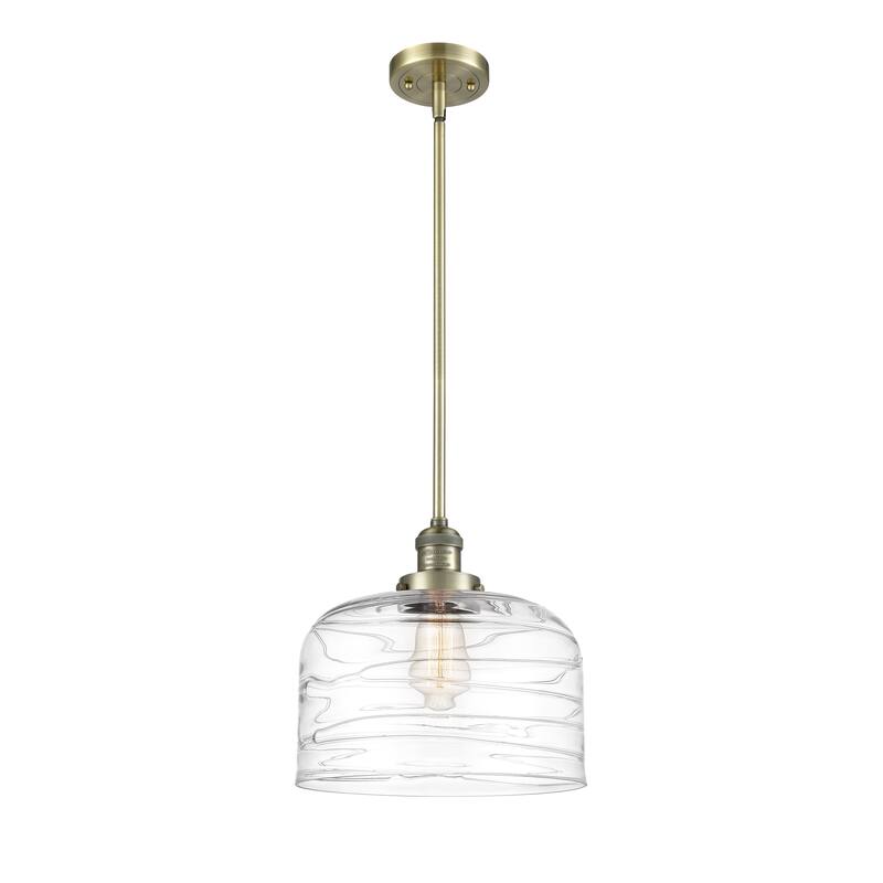 Innovations Lighting Franklin Restoration Bell - 1 Light 12" Stem Hung Mini Pendant - Antique Brass/Clear Deco Swirl