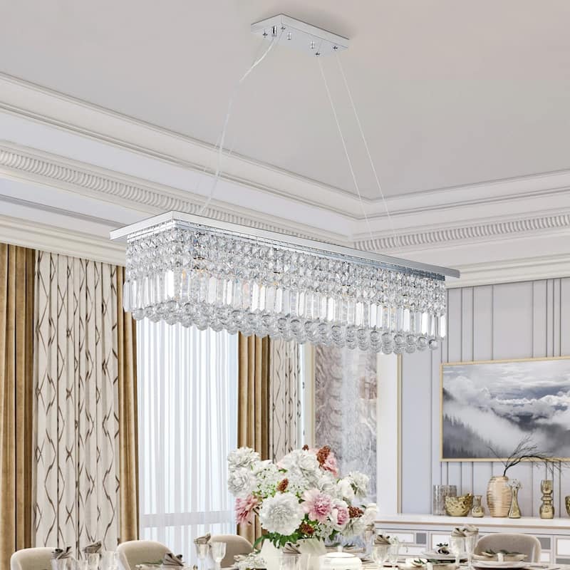Modern Rectangular Crystal Chandelier 8-Light Pendant Lights for Dining Room (Bulbs Not Included) - Chrome