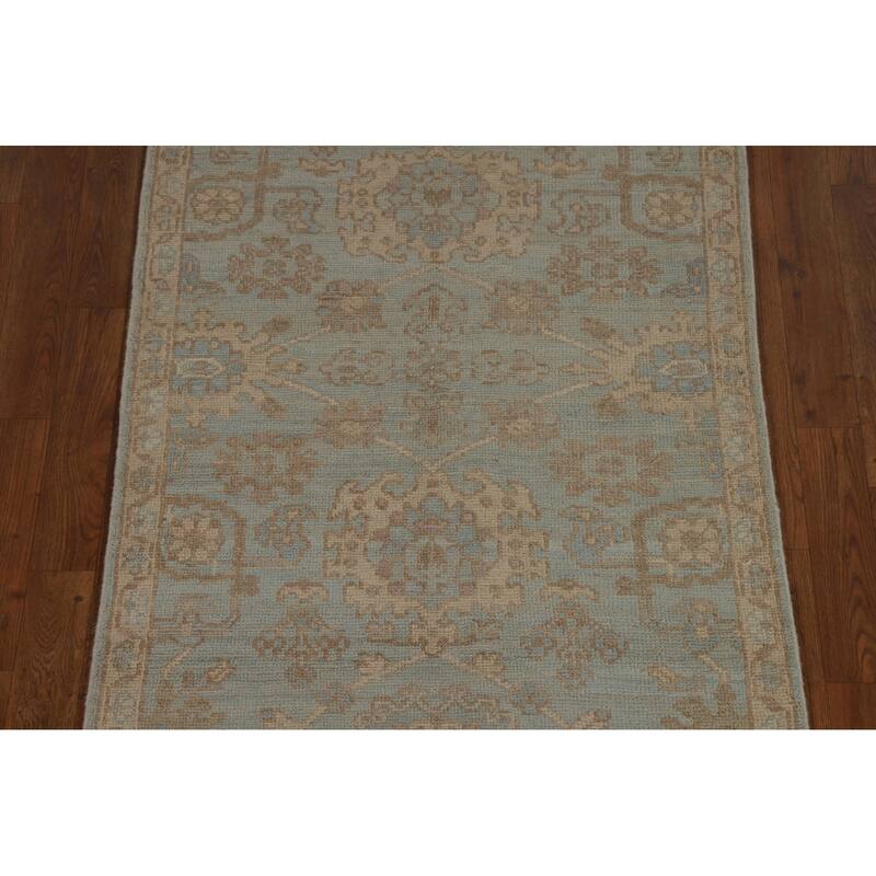 Vegetable Dye Oushak Turkish Runner Rug Handmade Blue Wool Carpet - 2'10" x 9'10"