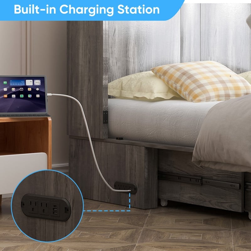 Mixoy Modern Full/Queen Size Murphy Bed Chest with Storage，USB Charging Station，No Mattress