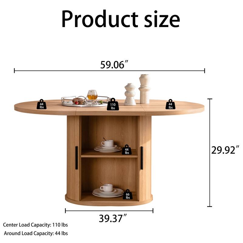 59" Modern Oval Dining Table with Storage Shelf, Wood Sliding Door Kitchen Table for 4-6 People