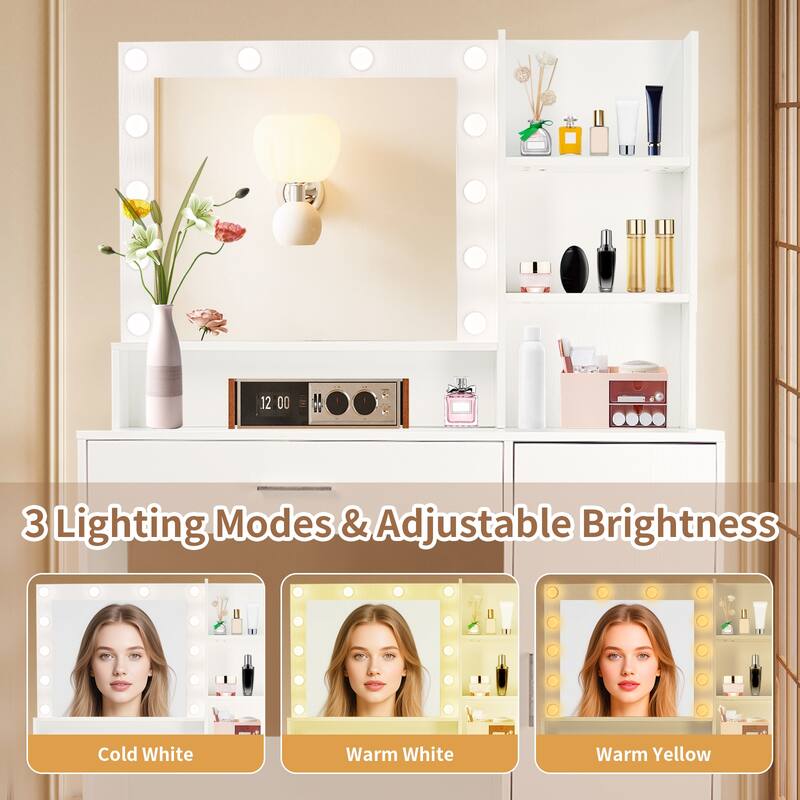 Vanity Desk with Mirror and Lights, Makeup Vanity with Drawer & Storage Cabinet, Adjustable Brightness, with Open Shelves