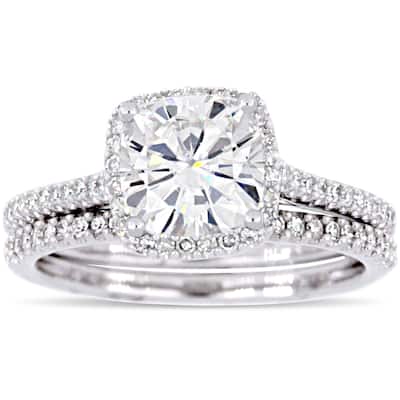2ct TGW Cushion-Cut Moissanite and 1/3ct TDW Diamond Bridal Ring Set in 14k White Gold by Miadora