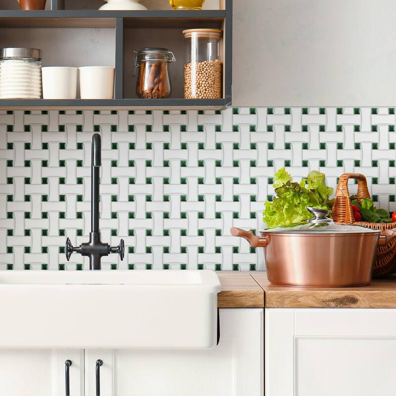 Merola Tile Metro Ion Dog Bone Basketweave Emerald Dot w/Matte White 10" x 10" Porcelain Floor and Wall Tile