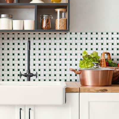 Merola Tile Metro Ion Dog Bone Basketweave Emerald Dot w/Matte White 10" x 10" Porcelain Floor and Wall Tile