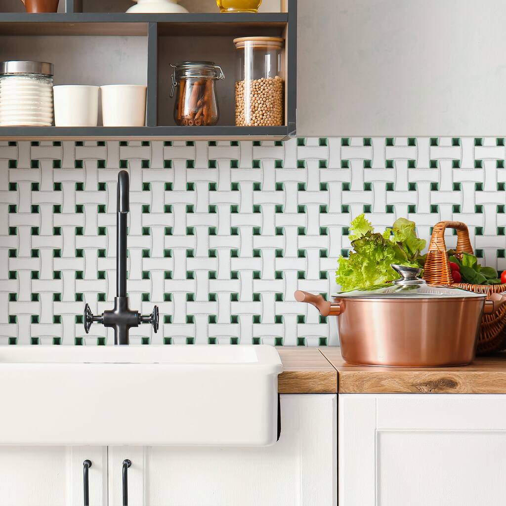 Merola Tile Metro Ion Dog Bone Basketweave Emerald Dot w/Matte White 10" x 10" Porcelain Mosaic Floor and Wall Tile