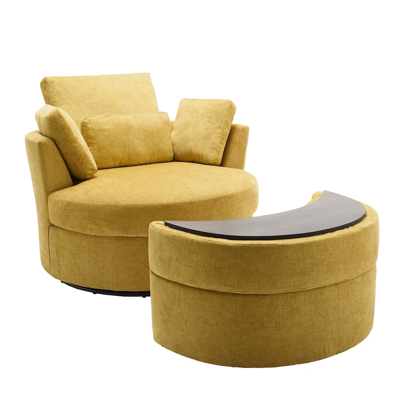 Upholstered Swivel Accent Chair with Wooden Tray Storage Ottoman