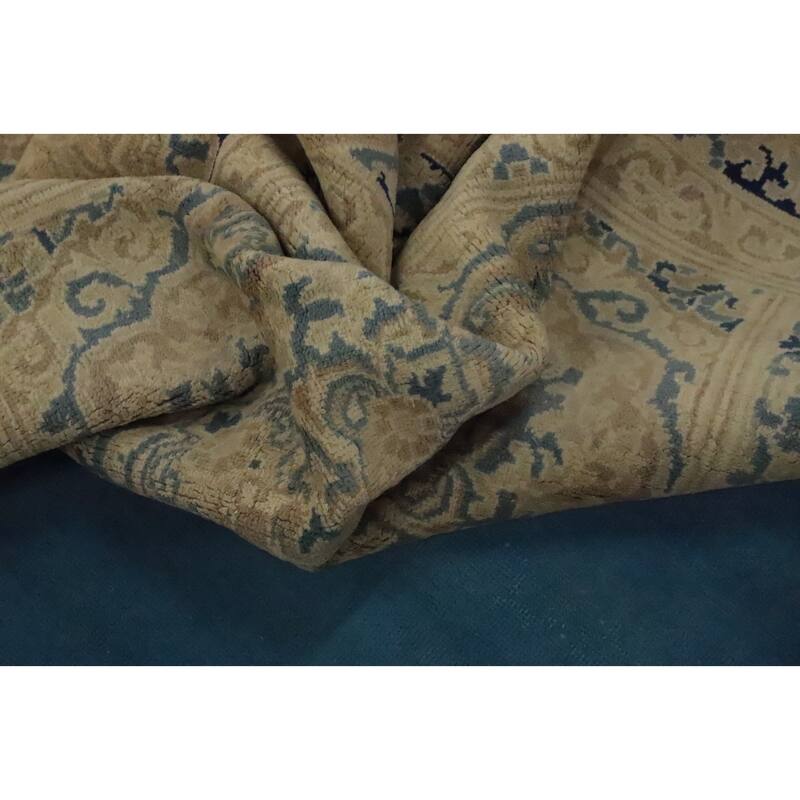 Hand Knotted Oriental 100% Wool Carpet Traditional Medallion Navy Blue & Blues Kerman Area Rug - 12' 3'' X 9' 7''