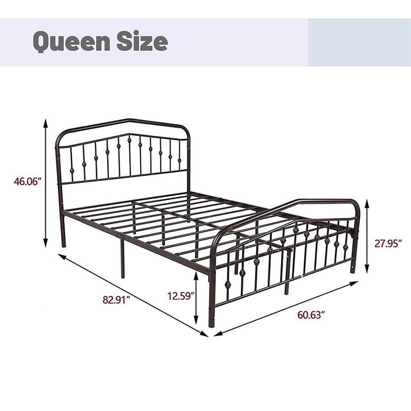 Queen Size Metal Bed Frame with Headboard/Footboard Mattress, Brown