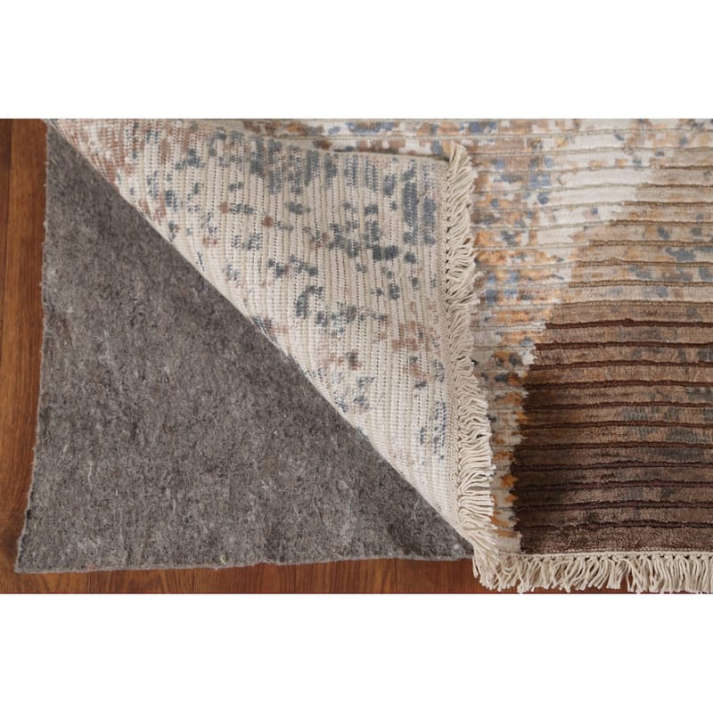 Striped Beige Abstract Oriental Area Rug Handmade Wool Carpet - 6'6"x 9'1"