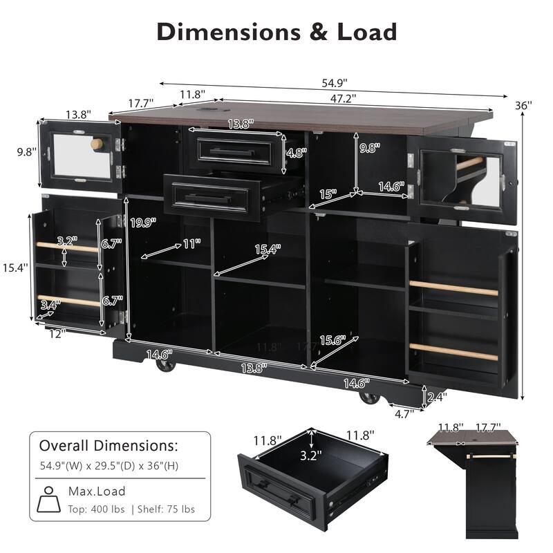 Farmhouse 54.9" Kitchen Island with Drop Leaf and Power Outlet, Stylish Storage Cart with Barn Doors