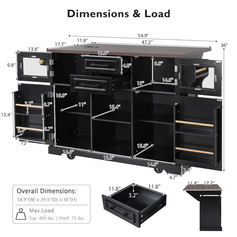 Kitchen Island with Drop Leaf, Power Outlet and 4 Door Shelves