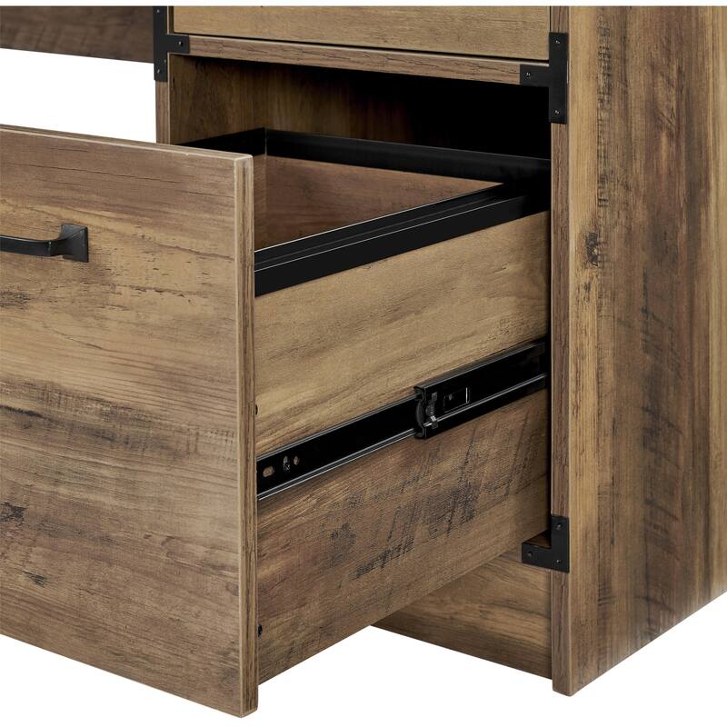 HomeRoots 64" Oak Wood L Shape Executive Desk With Four Drawers