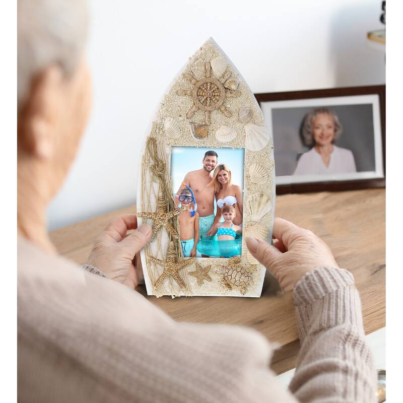 CoTa Global White Wood Seashell Oceanic Sea Turtle Boat 3.5X5 Frame - 9.4 Inches