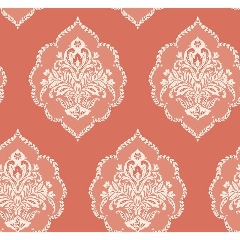Fremont Coral Sure Strip Prepasted Damask Signet Medallion Dam Wallpaper Covers about 60.75 sq. ft. - Coral