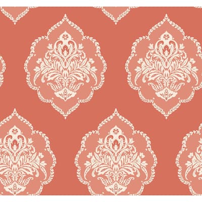 Fremont Coral Sure Strip Prepasted Damask Signet Medallion Dam Wallpaper Covers about 60.75 sq. ft.