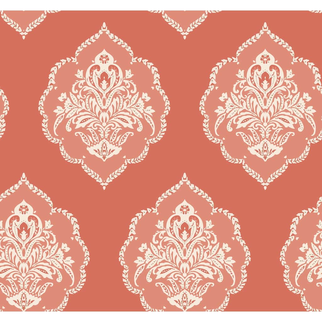 Fremont Coral Sure Strip Prepasted Damask Signet Medallion Dam Wallpaper Covers about 60.75 sq. ft.