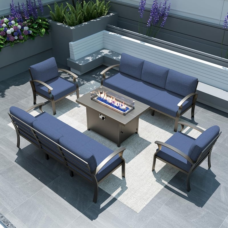 Aluminum Patio Outdoor Sectional Sofa Set with Fire Pit, Swivel Rocking Chairs and Ottomans