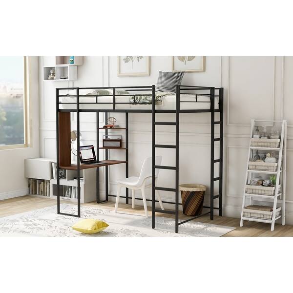 slide 2 of 40, Twin Loft Bed with Desk and Shelving, Metal Frame with Guardrails Black