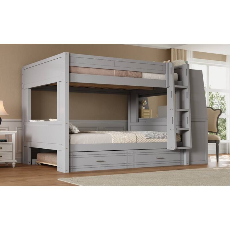 Roomfitters Full Over Full Bunk Bed with Built-In Desk, Bookshelves and Trundle