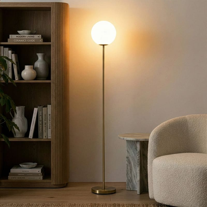 Brightech Luna 65 in. Antique Brass Modern LED Super Bright Floor Lamp with Frosted White Glass Globe Shade