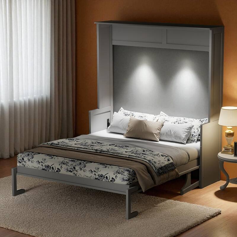 Queen Murphy Wall Bed with Desk, LED Lights & USB, Dual-Piston Lift, 600 lb Capacity, 6-8 in Mattress, No Box Spring