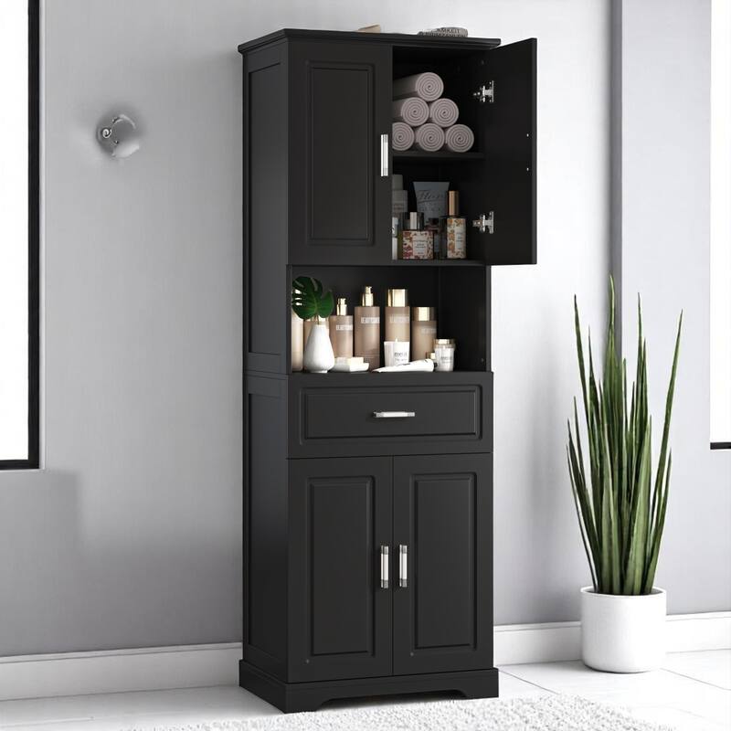 Tall Bathroom Storage Cabinet with 4 Doors, Adjustable Shelves & Open Shelf, Freestanding Organizer