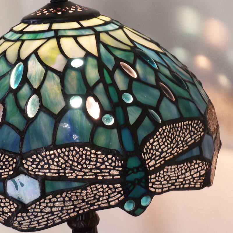 Tiffany Style Table Lamp Green Dragonfly with Metal Base