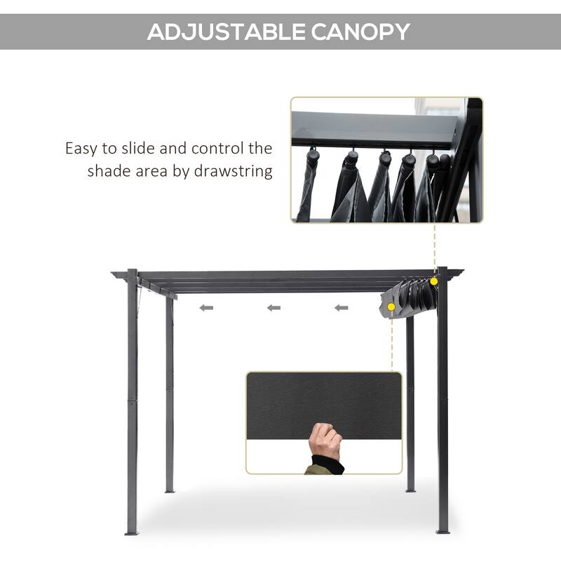 Grey Aluminum Polyester Outdoor Pergola Gazebo with Sliding Canopy - 99.25" L x 96" W x 87.75" H