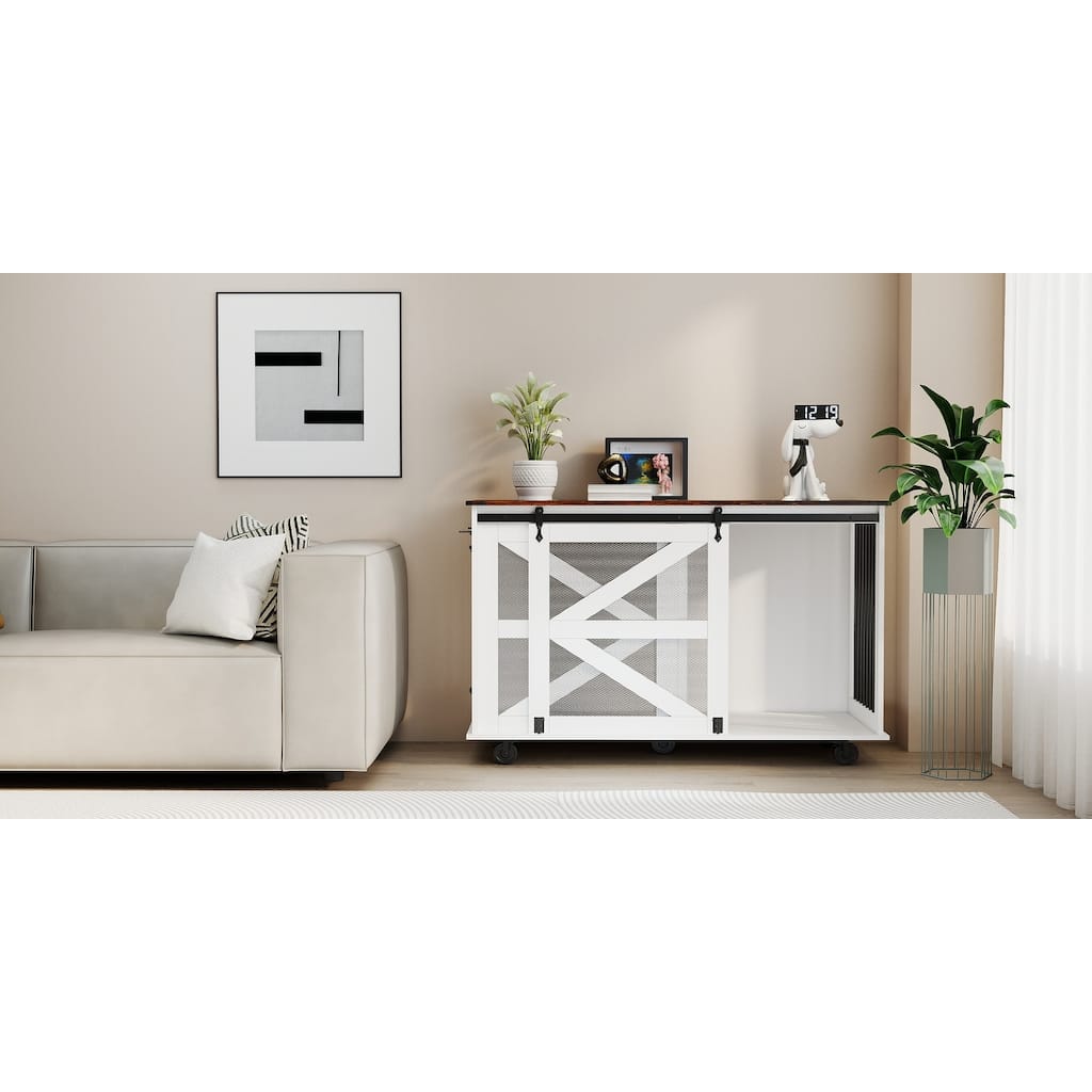 47.2" Multi-Functional Pet Kennel with Flip-Top Feeding Door, Dual-Access, 5 Caster System, Side Hooks