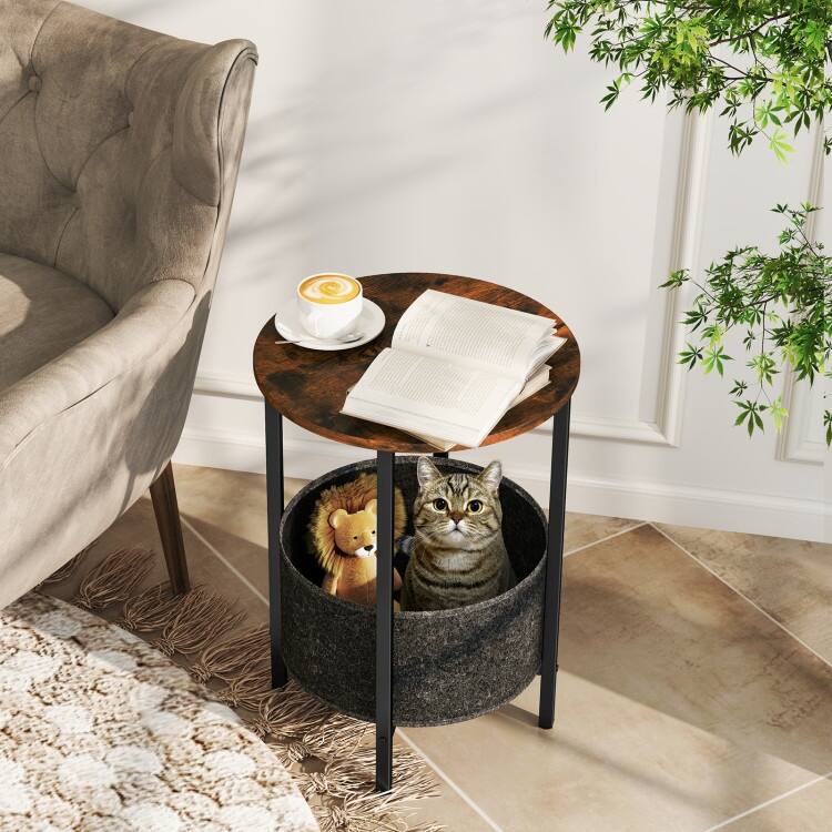 2-Tier Round End Side Table with Metal Frame and Removable Fabric Basket