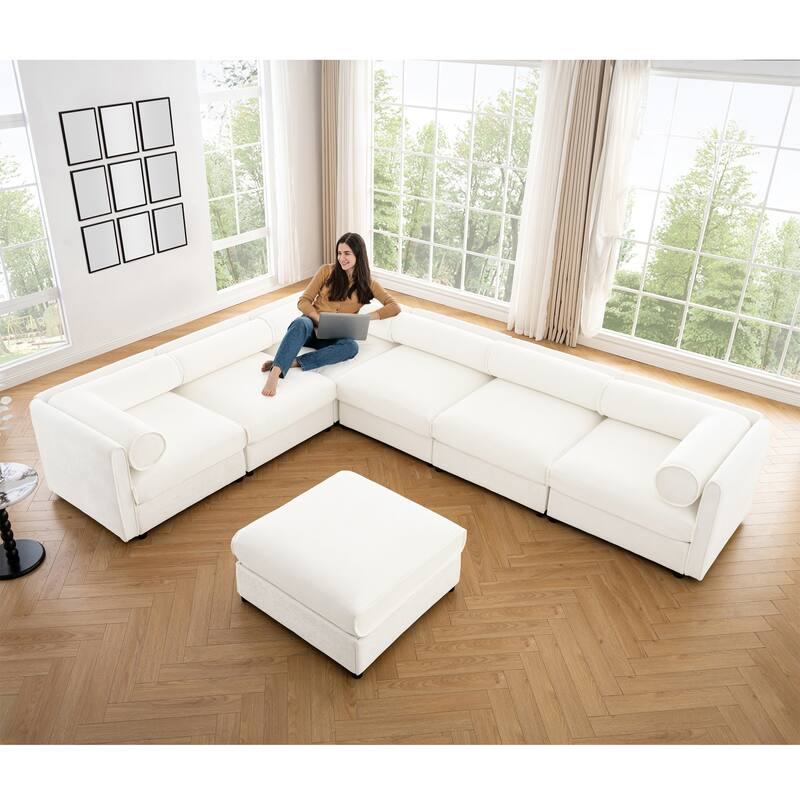GDFStudio - Shanks Chenille 6-Seater Sofa With 1 Ottoman