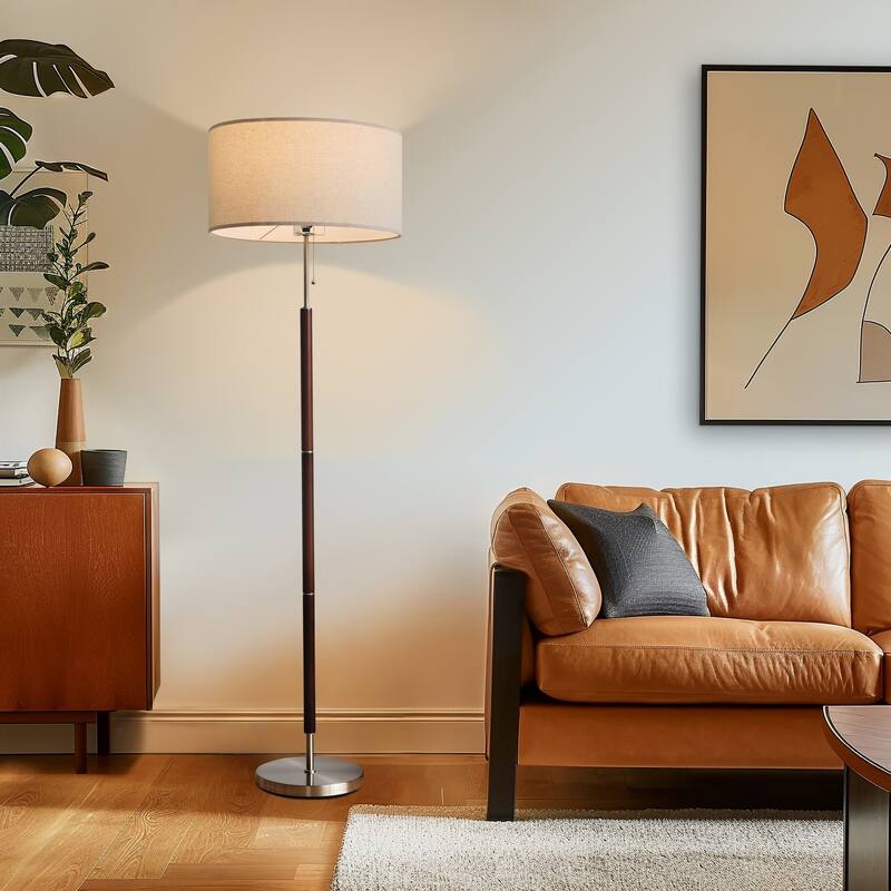 Brightech Carter 65 in. Walnut Brown Mid-Century Modern LED Super Bright Floor Lamp with Beige Fabric Drum Shade