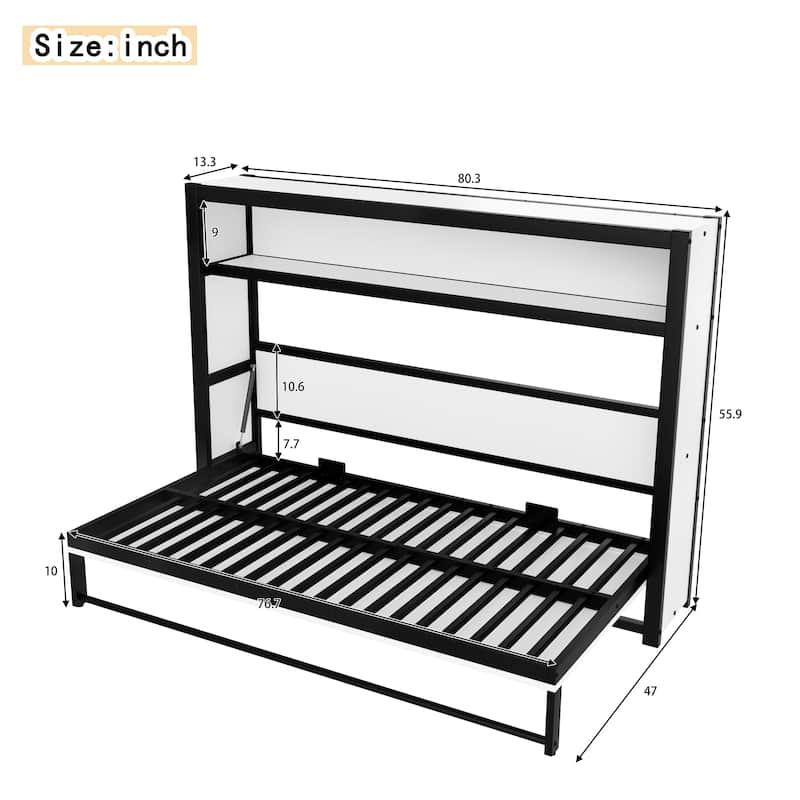 Twin Size Murphy Bed with Shelves, Metal Wall Bed with Foldable and Space-saving Design