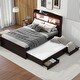 preview thumbnail 1 of 11, Full XL Wood Storage Platform Bedframe with LED Headboard, Twin Size Trundle & Charging Station, No Spring Box Needed-Dark Brown Dark Brown - Full
