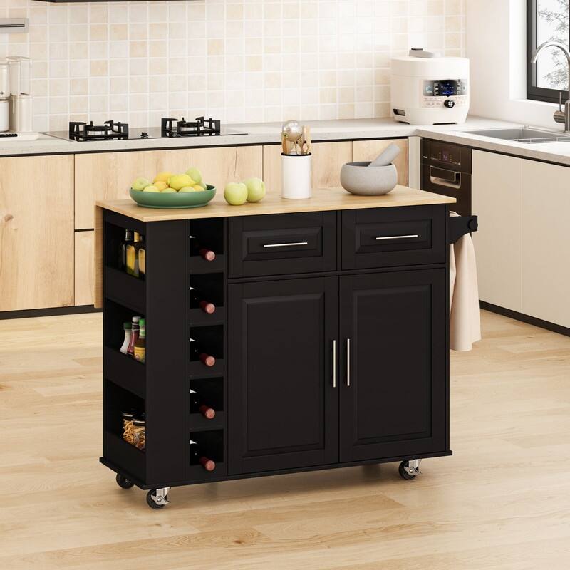 46.46"Multi-Functional Kitchen Island Cart with Spice Rack,Wine Rack,Towel Holder and Foldable Rubberwood Table Top