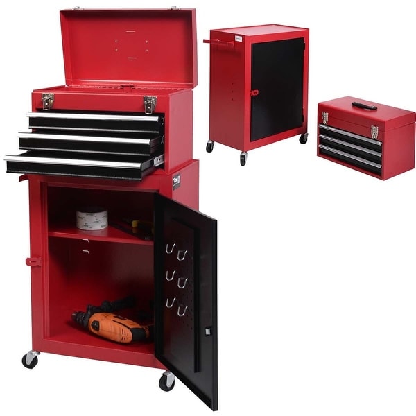 Costway 2pc Mini Tool Chest & Cabinet Storage Box Rolling Garage Toolbox Organizer - Red