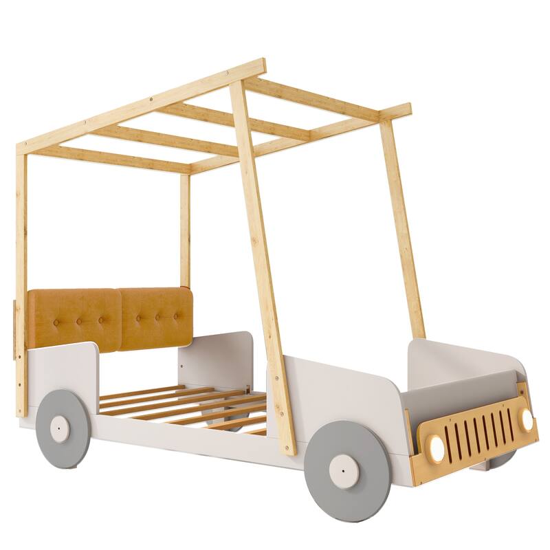 Roomfitters Size Car Canopy Bed, Wood Frame Platform with Upholstered Headboard, Tent Roof Design