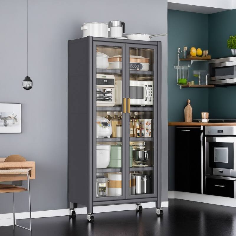 Homy Casa Grey Kitchen Pantry Cabinet Glass Doors, Drawers & Wheels