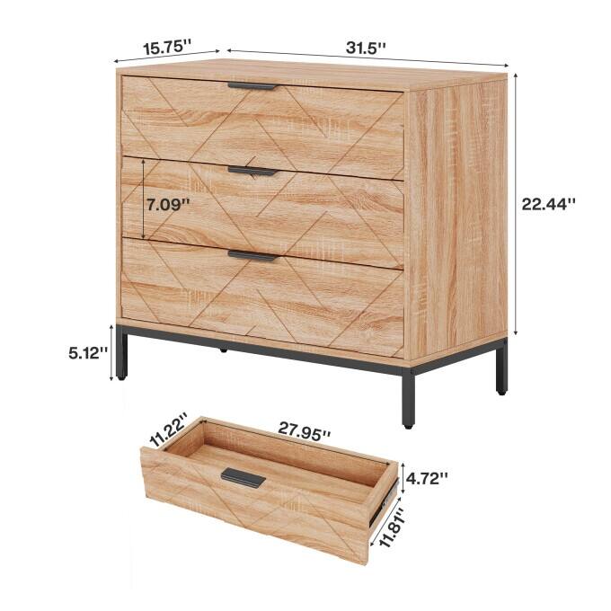 Modern Nightstand with 3 Drawers, Wooden Bed Side Table for Bedroom