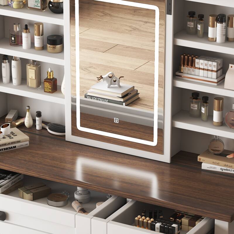 Farmhouse Makeup Vanity Desk with Sliding Mirror and Lights and Hairdryer holder and charging socket